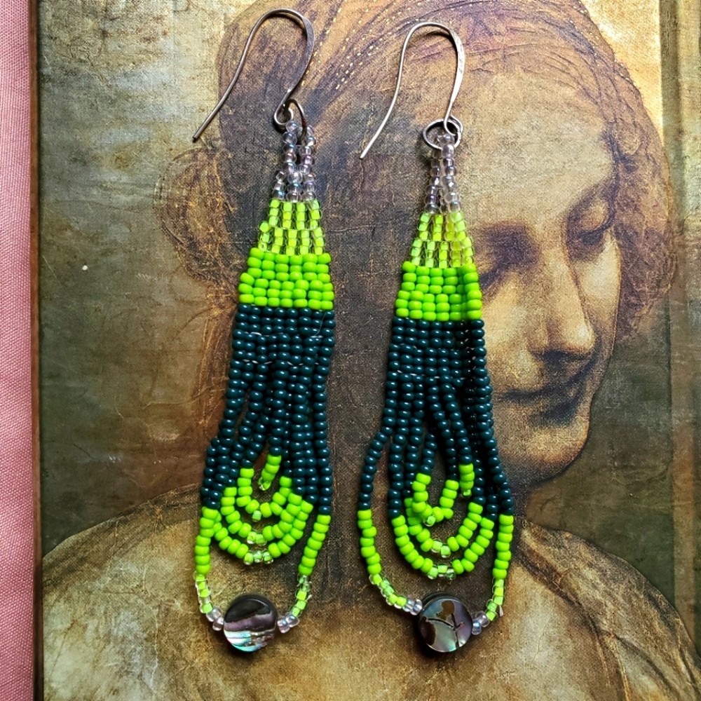 Green long beaded earrings